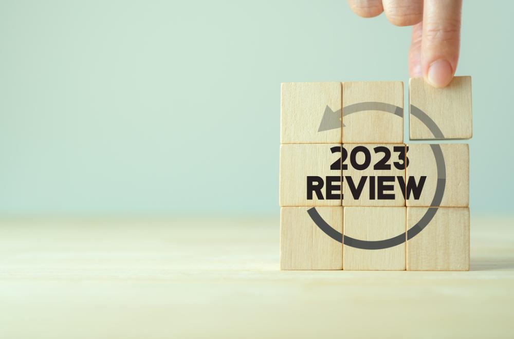 Wooden blocks spelling '2023 Review'
