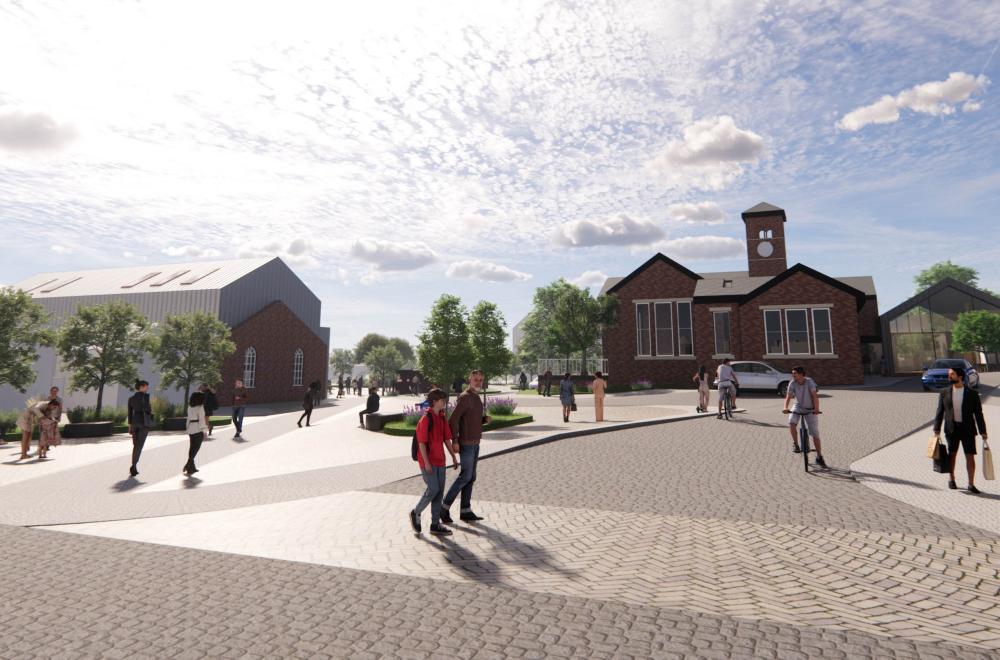 3D visual of entry to Broadleys town square from Market Street, Clay Cross